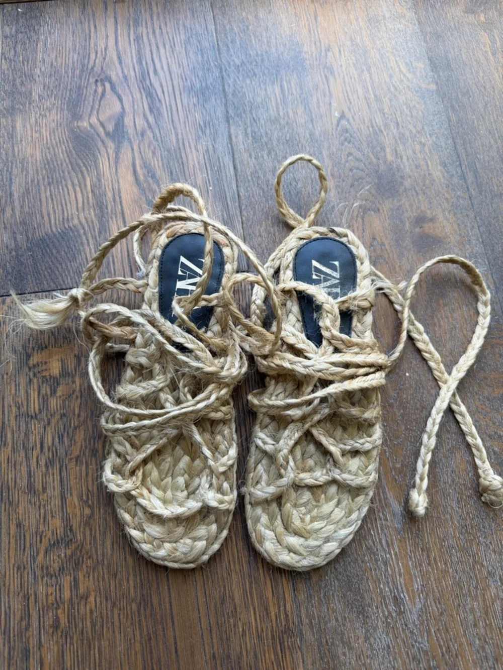 Zara Natural Braided Rope Lace-Up Sandals - Picture 1 of 3